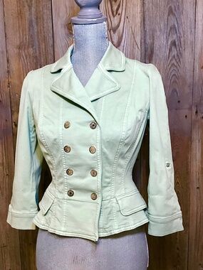 WHBM NWOT Sage Green Jacket Petite 4P Double Breasted Peplum Hem Stretch